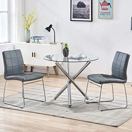 STYLIFING 3 Pieces Dining Room Table Set For 2 Round Clear Tempered Glass Top+2 Grey Faux Leather Kitchen Dining Room Table And Chairs Set For 2 Person Modern Kitchen & Dining Room Sets For Home 3 STYLIFING 3 Pieces Dining Room Table Set For 2 Round Clear Tempered Glass Top+2 Grey Faux Leather Kitchen Dining Room Table And Chairs Set For 2 Person Modern Kitchen & Dining Room Sets For Home