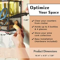 FLOMAC FINEST Wine Holder Wall Mounted - Stores 4 Glasses 5 Wine Bottles - With Cork Holder Storage - Home And Kitchen Wall Decor Storage- Bonus E-Book And Grapes -Amazon Store 51nleru8hUS