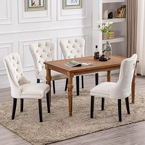 Chairus Dining Chairs Set Of 2 With Tufted High Back, Velvet Upholstered Dining Room Chairs Modern Elegant Nailhead Trim Ring Pull - Ivory 2PCS 5 Chairus Dining Chairs Set Of 2 With Tufted High Back, Velvet Upholstered Dining Room Chairs Modern Elegant Nailhead Trim Ring Pull - Ivory 2PCS - Image 3