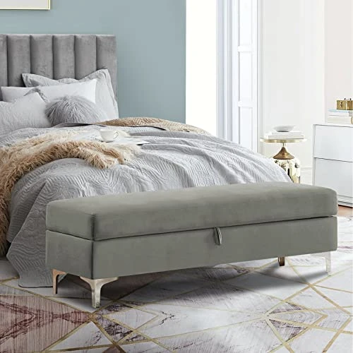 Mikibama Velvet Storage Bench Long End Of Bed Ottoman Benches For Bedroom Upholstered Rectangle Entryway Window Bench Footstool Simplistic With Metal Legs (Gray) 3 Mikibama Velvet Storage Bench Long End Of Bed Ottoman Benches For Bedroom Upholstered Rectangle Entryway Window Bench Footstool Simplistic With Metal Legs (Gray)