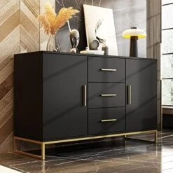 DiDuGo Kitchen Sideboard Cabinet With 3 Drawers & 2 Doors, Credenza Sideboard Buffet With Shelves, 69 Inch Tabletop, Gold Metal Legs & Handles, Espresso (69”W X 15.6”D X 30”H) -Amazon Store 51o5Ye XNuL. AC