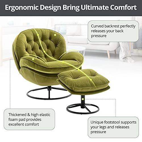 Velvet Swivel Accent Chair With Ottoman Set, Modern Lounge Chair With Metal Base Frame & Footrest, Comfy Single Leisure Sofa Chair Reading Chair With 360 Degree Swiveling For Living Room, Fruit Green 5 Velvet Swivel Accent Chair With Ottoman Set, Modern Lounge Chair With Metal Base Frame & Footrest, Comfy Single Leisure Sofa Chair Reading Chair With 360 Degree Swiveling For Living Room, Fruit Green - Image 3