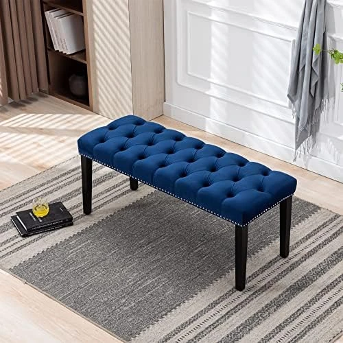 Yoluckea Modern Velvet Bench Upholstered Ottoman Dining Bench With Nailhead Trim Tufted Footstool For Entryway Bedroom Kitchen Dining Table (Blue) 9 Yoluckea Modern Velvet Bench Upholstered Ottoman Dining Bench With Nailhead Trim Tufted Footstool For Entryway Bedroom Kitchen Dining Table (Blue) - Image 7