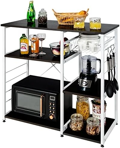 Giantex Kitchen Baker’s Rack Industrial Style Microwave Oven Stand With Wire Basket, 6 Hooks, 3 Storage Shelves, Standing Coffee Bar Table Metal Frame (Natural & White) 10 Giantex Kitchen Baker’s Rack Industrial Style Microwave Oven Stand With Wire Basket, 6 Hooks, 3 Storage Shelves, Standing Coffee Bar Table Metal Frame (Natural & White) - Image 8