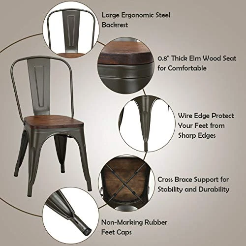 COSTWAY 18 Inch Dining Chair Set Of 4, Industrial Vintage Stackable Metal Chairs, Counter Bar Chairs With High Backrest, Wood Seat, For Home, Kitchen And Cafe Bar Use 7 COSTWAY 18 Inch Dining Chair Set Of 4, Industrial Vintage Stackable Metal Chairs, Counter Bar Chairs With High Backrest, Wood Seat, For Home, Kitchen And Cafe Bar Use - Image 5