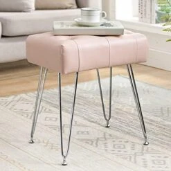 LUE BONA Faux Leather Rectangle Vanity Stool, Vanity Chair For Makeup Room, White Rivet Ottoman Foot Rest Entryway Bench With Black Legs For Bedroom Living Room -Amazon Store 51oTn8Js72L. AC