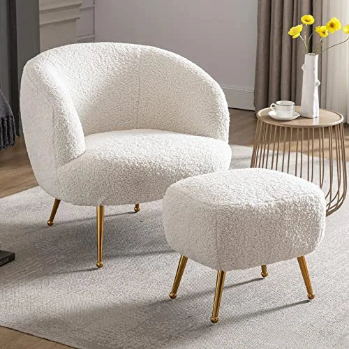 DUOMAY Modern Accent Chair With Ottoman, Sherpa Upholstered Barrel Chair With Footrest, Comfy Lounge Chair Single Sofa Armchair Club Chair For Living Room Bedroom Office, White 3 DUOMAY Modern Accent Chair With Ottoman, Sherpa Upholstered Barrel Chair With Footrest, Comfy Lounge Chair Single Sofa Armchair Club Chair For Living Room Bedroom Office, White