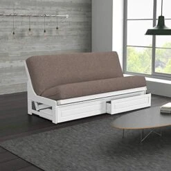 Nirvana Futons Nico Urban Loft Linen Series Sleeper Sofa Collection Full Size White Armless Arden Futon Frame, Storage Drawers, Mattress And Umax Khaki Futon Cover Set