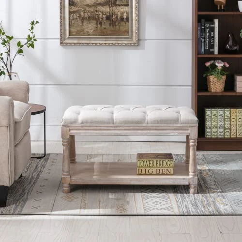 Janoray Farmhouse Storage Bench Wooden Entryway Linen Upholstered Ottoman Button Tufted Bench For Bedroom End Of Bed Hallway Organizer, Beige, 32 Inch 6 Janoray Farmhouse Storage Bench Wooden Entryway Linen Upholstered Ottoman Button Tufted Bench For Bedroom End Of Bed Hallway Organizer, Beige, 32 Inch - Image 4