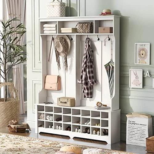 Aracari Hall Tree With Bench And Shoe Storage, 3-in-1 Entryway Bench With Coat Rack And 7 Metal Hooks For Living Room, Hallway, White 9 Aracari Hall Tree With Bench And Shoe Storage, 3-in-1 Entryway Bench With Coat Rack And 7 Metal Hooks For Living Room, Hallway, White - Image 7