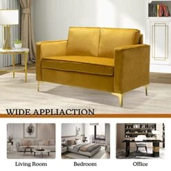 HULALA HOME Modern Velvet Loveseat Sofa With Gold Legs, Comfy Upholstered Small Love Seat Couch With Removable Cushions, 2-Seater Sofa For Living Room Bedroom, Mustard -Amazon Store 51opZjvS3lL