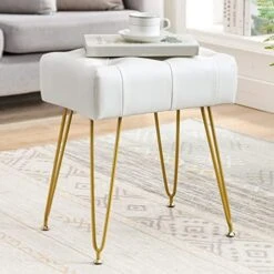 LUE BONA Faux Leather Rectangle Vanity Stool, Vanity Chair For Makeup Room, White Rivet Ottoman Foot Rest Entryway Bench With Black Legs For Bedroom Living Room -Amazon Store 51orYoXO2HL. AC