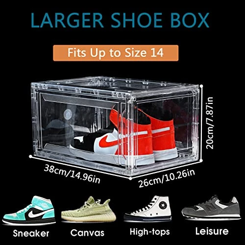 12 Pack Shoe Boxes, Clear Acrylic Plastic Shoe Boxes Stackable, Space-Saving Foldable Drop Front Shoe Storage Boxes Container For With Lids Fits Up To Size 14 (Transparency) 3 12 Pack Shoe Boxes, Clear Acrylic Plastic Shoe Boxes Stackable, Space-Saving Foldable Drop Front Shoe Storage Boxes Container For With Lids Fits Up To Size 14 (Transparency)