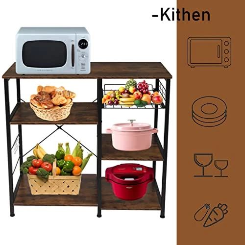 MUYIASER Kitchen Baker's Rack 4-Tier Microwave Stand With Storage Microwave Oven Stand With Steel Basket And 5 Hooks For Kitchen Home Spice Coffee Snack Vintage Brown 7 MUYIASER Kitchen Baker's Rack 4-Tier Microwave Stand With Storage Microwave Oven Stand With Steel Basket And 5 Hooks For Kitchen Home Spice Coffee Snack Vintage Brown - Image 5
