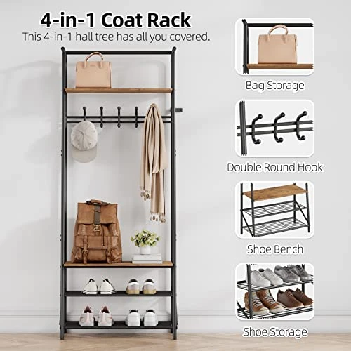 Coat Rack Shoe Bench With 5 Hooks, Hall Trees Entryway Bench With Storage, Multifunctional Hallway Organizer, Wood Look Accent Furniture With Metal Frame 4 Coat Rack Shoe Bench With 5 Hooks, Hall Trees Entryway Bench With Storage, Multifunctional Hallway Organizer, Wood Look Accent Furniture With Metal Frame - Image 2