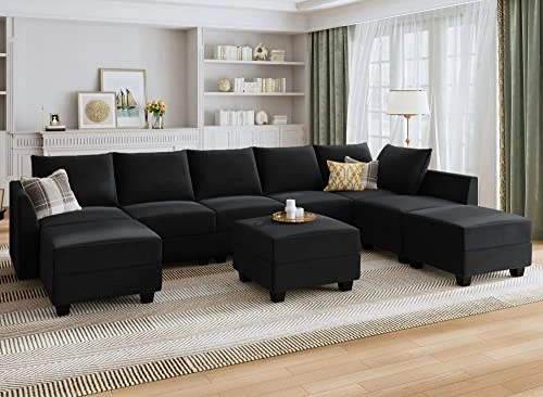 HONBAY Modular Sectional Sofa Set Oversized U Shaped Couch With Storage Ottoman Convertible Sleeper Sectional Sofa Velvet Modular Couch With Wide Chaise, Black 3 HONBAY Modular Sectional Sofa Set Oversized U Shaped Couch With Storage Ottoman Convertible Sleeper Sectional Sofa Velvet Modular Couch With Wide Chaise, Black