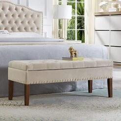 24KF Large Round Upholstered Tufted Linen Ottoman Coffee Table, Large Footrest Ottoman With Wood Shelf Storage- Navy Blue -Amazon Store 51pCYwlLviL. AC