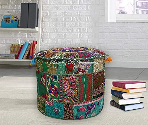 DK Homewares Indian Vintage Patchwork Pouffe Floor Cushion Dark Green Round Foot Rest Living Room Cotton Embroidered Hassock Pouf Ottoman Cover Floral Traditional 22x22x14 4 DK Homewares Indian Vintage Patchwork Pouffe Floor Cushion Dark Green Round Foot Rest Living Room Cotton Embroidered Hassock Pouf Ottoman Cover Floral Traditional 22x22x14 - Image 2