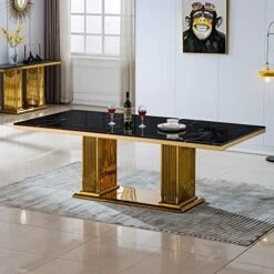 Pvillez White Marble Dining Table For 8-10 Person, 78" Rectangle Marble Top Dining Table With O Shape Gold Stainless Steel Pedestal Base,Mid Century Modern Dining Table For Kitchen Dining Room Dinner -Amazon Store 51pKUy1FvL. AC