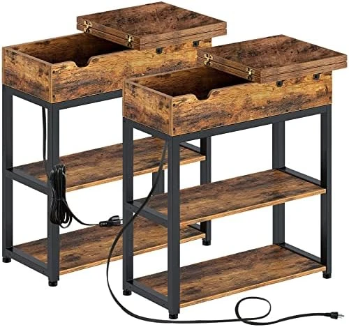 Rolanstar End Table With Charging Station, Narrow Nightstand, Flip Top Side Table With USB Ports And Storage Shelves For Small Spaces, Living Room, Bedroom (Rustic Brown) 9 Rolanstar End Table With Charging Station, Narrow Nightstand, Flip Top Side Table With USB Ports And Storage Shelves For Small Spaces, Living Room, Bedroom (Rustic Brown) - Image 7