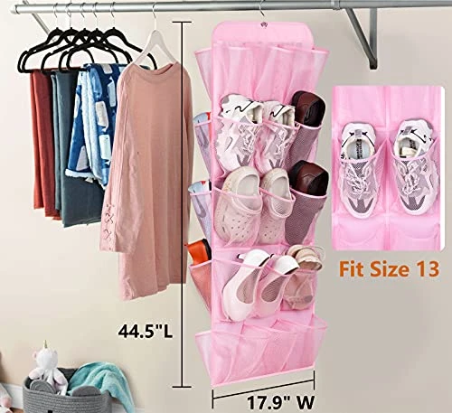 AOODA Hanging Kids Shoe Organizer For Closet Rod Double Sided 30 Large Pockets Baby Shoe Rack For Toddler Shoe Holder With Rotating Hanger For Barbie, Baby Nursery, (Pink) 5 AOODA Hanging Kids Shoe Organizer For Closet Rod Double Sided 30 Large Pockets Baby Shoe Rack For Toddler Shoe Holder With Rotating Hanger For Barbie, Baby Nursery, (Pink) - Image 3