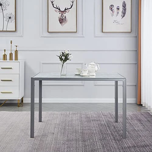 ROOIOME Gray Glass Dining Table Marbled Effect With Tempered Glass Top And Metal Frame And Leg, Gray Rectangle Kitchen Table For Restaurant (L X W X H) 51.20" * 27.5" * 29.5" 4 ROOIOME Gray Glass Dining Table Marbled Effect With Tempered Glass Top And Metal Frame And Leg, Gray Rectangle Kitchen Table For Restaurant (L X W X H) 51.20" * 27.5" * 29.5" - Image 2