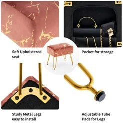 Fefances Large Vanity Stool Chair For Makeup Room Modern Velvet Square Ottoman Comfortable Footrest Stool With V Gold Legs Pink -Amazon Store 51pdNgJG6NL