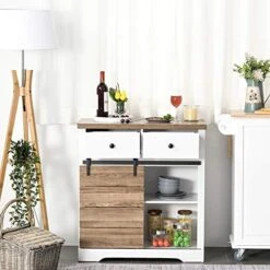 HOMCOM Farmhouse Coffee Bar Cabinet, Barn Door Wine Cabinet With Storage, Sideboard Buffet Cabinet With Wine Racks For Kitchen, White -Amazon Store 51pkmuP8ZQL