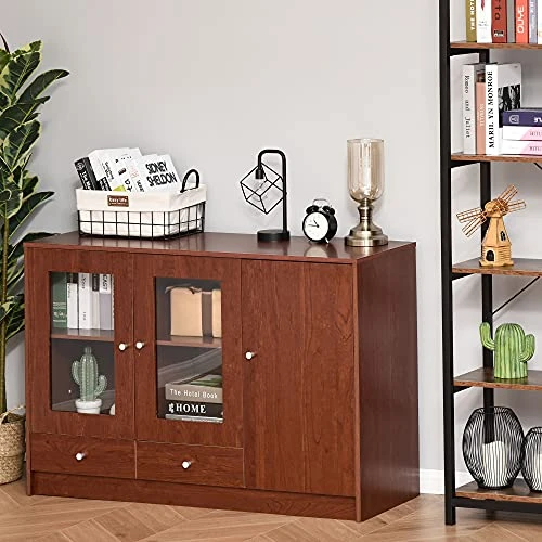 HOMCOM Kitchen Buffet Table Cabinet Storage Sideboard Server Console With Framed Acrylic Doors And Tabletop, Brown 4 HOMCOM Kitchen Buffet Table Cabinet Storage Sideboard Server Console With Framed Acrylic Doors And Tabletop, Brown - Image 2