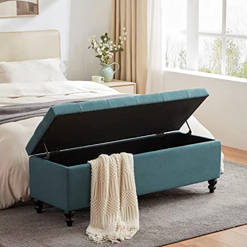 HUIMO Button-Tufted Ottoman With Storage In Upholstered Fabrics, Large Storage Bench For Bedroom, Living Room, Entryway, Storage Ottoman Bench With Safety Hinge Hold Up To 300lbs(Dark Teal) 5 HUIMO Button-Tufted Ottoman With Storage In Upholstered Fabrics, Large Storage Bench For Bedroom, Living Room, Entryway, Storage Ottoman Bench With Safety Hinge Hold Up To 300lbs(Dark Teal) - Image 3