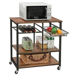 VASAGLE ALINRU Kitchen Cart, Food Storage Shelf With Metal Mesh Basket, Bottle Holder And Storage Shelves, 15.7 X 31.5 X 34.1 Inches, Industrial Style, Rustic Brown UKKS80X -Amazon Store 51pstzmE6OL