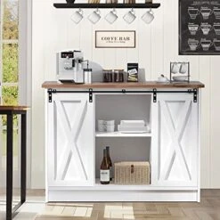 Farmhouse Coffee Bar Cabinet, 42ββ Kitchen Buffet Sideboard Cabinet With Storage, White Coffee Bar Buffet Cabinet With Sliding Barn Door, Coffee Bar Table With Adjustable Shelf For Living Dining Room
