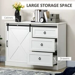 HOMCOM Farmhouse Sideboard Buffet Cabinet, Kitchen Cabinet Coffee Bar Cabinet With Sliding Barn Door And 3 Storage Drawers For Living Room, White -Amazon Store 51q242cWqTL