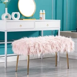 Chairus Faux Fur Entryway Bench Small Shaggy Furry Ottoman Bench For Bedroom Living Room, Pink -Amazon Store 51q2qjmNsRL