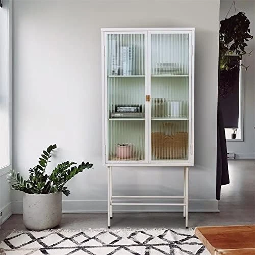 JINS&VICO Metal Storage Cabinet, Freestanding Pantry Locker, Accent Display Bookcase With Glass Doors And Three Detachable Shelves, Kitchen Sideboard, For Dining Room Living Room, Red 10 JINS&VICO Metal Storage Cabinet, Freestanding Pantry Locker, Accent Display Bookcase With Glass Doors And Three Detachable Shelves, Kitchen Sideboard, For Dining Room Living Room, Red - Image 8