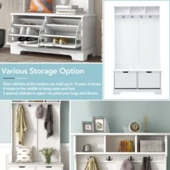GUTK Hall Tree With 2 Flip Shoe Storage Drawers, Coat Rack With 4 Metal Hooks And 3 Top Shelves, Wood Hallway Entryway Storage Bench Coat Hanger For Livng Room Bedroom (White) 15 GUTK Hall Tree With 2 Flip Shoe Storage Drawers, Coat Rack With 4 Metal Hooks And 3 Top Shelves, Wood Hallway Entryway Storage Bench Coat Hanger For Livng Room Bedroom (White) -Amazon Store 51q7lz1aObL