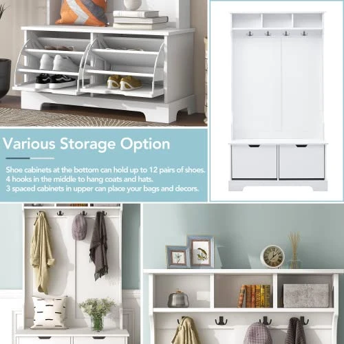 GUTK Hall Tree With 2 Flip Shoe Storage Drawers, Coat Rack With 4 Metal Hooks And 3 Top Shelves, Wood Hallway Entryway Storage Bench Coat Hanger For Livng Room Bedroom (White) 6 GUTK Hall Tree With 2 Flip Shoe Storage Drawers, Coat Rack With 4 Metal Hooks And 3 Top Shelves, Wood Hallway Entryway Storage Bench Coat Hanger For Livng Room Bedroom (White) - Image 4