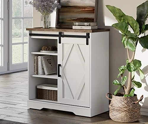WAMPAT Rusitc Farmhouse Accent Buffet Sideboard Serving Console Cabinet Coffee Bar Entryway Table With Sliding Barn Door, Storage Shelves For Home Kitchen Bathroom, 35 Inch, White 8 WAMPAT Rusitc Farmhouse Accent Buffet Sideboard Serving Console Cabinet Coffee Bar Entryway Table With Sliding Barn Door, Storage Shelves For Home Kitchen Bathroom, 35 Inch, White - Image 6