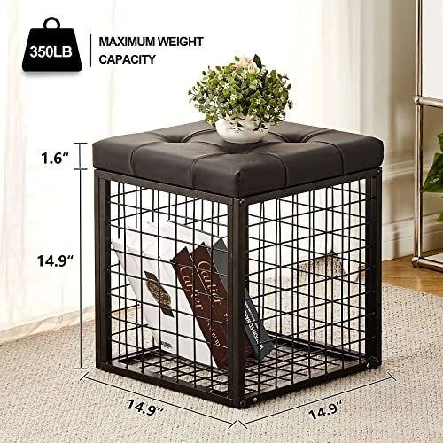 Mxfurhawa Iron Mesh Storage Ottoman, 55L Multipurpose Ottoman With Storage For Bedroom And Livingroom, Faux Leather Black Footrest With Foam Padded Seat, Support 350lbs 4 Mxfurhawa Iron Mesh Storage Ottoman, 55L Multipurpose Ottoman With Storage For Bedroom And Livingroom, Faux Leather Black Footrest With Foam Padded Seat, Support 350lbs - Image 2
