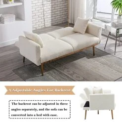 Antetek Futon Sofa Bed With 3 Adjustable Positions, Small Sleeper Sofa Loveseat With 2 Decorative Pillows, Modern Upholstered Convertible Couch With 5 Metal Tapered Legs, White Teddy -Amazon Store 51qLD20r9rL