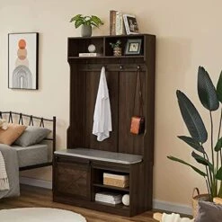 Betoko 71 Inch Entryway Bench With Sliding Barn Door, Hall Tree With Coat Rack & Storage Bench, Wood Coat Tree With Cushioned Stool & Hooks For Hallway, Living Room, Mudroom (White) (la7492) -Amazon Store 51qYWk5dm7L. AC