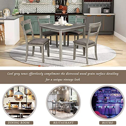 5 Piece Dining Table Set, Wooden Kitchen Dining Table Set With Square Table And 4 Upholstered Chairs For Kitchen, Dining Room, Family And Apartment (Light Gray+4 Person) 6 5 Piece Dining Table Set, Wooden Kitchen Dining Table Set With Square Table And 4 Upholstered Chairs For Kitchen, Dining Room, Family And Apartment (Light Gray+4 Person) - Image 4