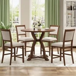 P PURLOVE 5-Piece Round Dining Table Set For 4, Retro Style Kitchen Table Set With Curved Trestle Style Table Legs And 4 Upholstered Chairs For Dining Room, Kitchen Room -Amazon Store 51qaxalhz9L. AC 1