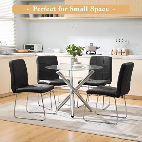 SICOTAS Dinner Table Set For 4 - Round Glass Kitchen Table With 4 Chairs, Modern Dining Table Set With Metal Legs, 5 Piece Dinning Room Table Set For Apartment Kitchen, Dining Room, Black 8 SICOTAS Dinner Table Set For 4 - Round Glass Kitchen Table With 4 Chairs, Modern Dining Table Set With Metal Legs, 5 Piece Dinning Room Table Set For Apartment Kitchen, Dining Room, Black - Image 6