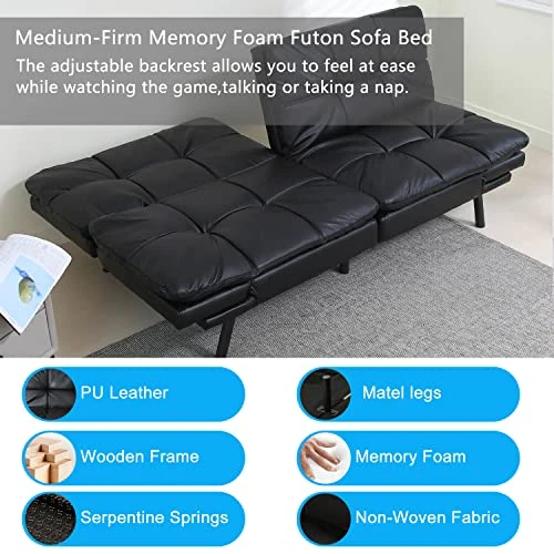 VITOVMA Multi-funtion Futon Sofa Bed,Faux Leather Memory Foam Small Splitback Sofa,Convertible Sleeper Sofa W/Removable Armrests,Futon Couch For Compact Living Spaces Offices Dorm Bonus Room 4 VITOVMA Multi-funtion Futon Sofa Bed,Faux Leather Memory Foam Small Splitback Sofa,Convertible Sleeper Sofa W/Removable Armrests,Futon Couch For Compact Living Spaces Offices Dorm Bonus Room - Image 2