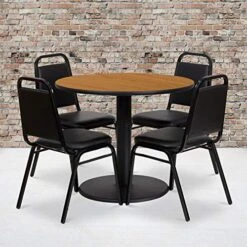 Flash Furniture 36'' Round Natural Laminate Table Set With Round Base And 4 Black Trapezoidal Back Banquet Chairs