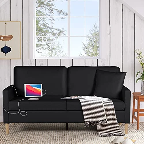 TYBOATLE Faux Leather Loveseat Sofa Couches W/ 2 USB Charging Ports And Throw Pillow, 66" W Mid Century Modern Love Seats Sofas For Small Spaces, Living Room, Apartment, Bedroom, Office (Black) 3 TYBOATLE Faux Leather Loveseat Sofa Couches W/ 2 USB Charging Ports And Throw Pillow, 66" W Mid Century Modern Love Seats Sofas For Small Spaces, Living Room, Apartment, Bedroom, Office (Black)