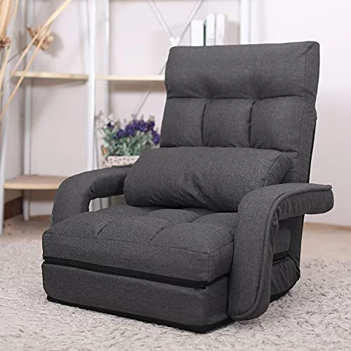 WAYTRIM Indoor Chaise Lounge Sofa, Folding Lazy Sofa Floor Chair, 6-Position Folding Padded Lounger Bed With Armrests - Dark Gray 3 WAYTRIM Indoor Chaise Lounge Sofa, Folding Lazy Sofa Floor Chair, 6-Position Folding Padded Lounger Bed With Armrests - Dark Gray