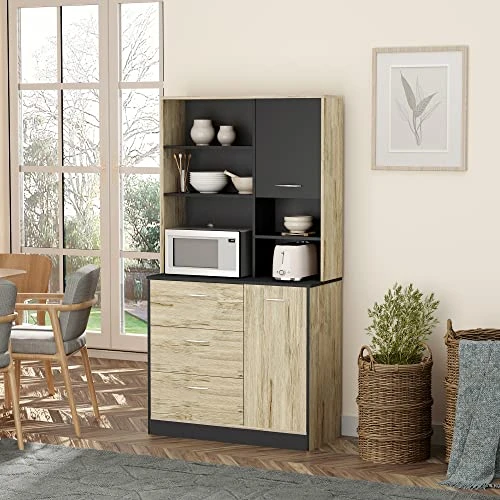 HOMCOM 67" Freestanding Buffet With Hutch, Kitchen Pantry Storage Cabinet With 3 Drawers, Cable Management, 4 Cubes, 2 Cabinets, Oak 3 HOMCOM 67" Freestanding Buffet With Hutch, Kitchen Pantry Storage Cabinet With 3 Drawers, Cable Management, 4 Cubes, 2 Cabinets, Oak