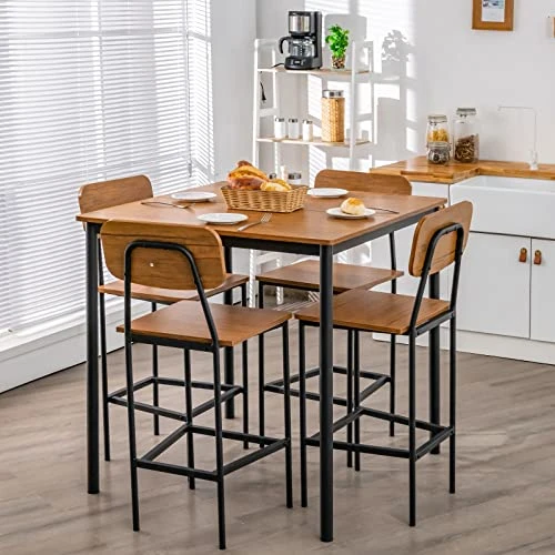 Giantex 5-Piece Dining Table Set W/Counter Height Table & 4 Bar Stools, Industrial Kitchen Dining Table Set W/Footrest & Backrest, Space-Saving Dinette Set For Pub, Dining Room, Restaurant 4 Giantex 5-Piece Dining Table Set W/Counter Height Table & 4 Bar Stools, Industrial Kitchen Dining Table Set W/Footrest & Backrest, Space-Saving Dinette Set For Pub, Dining Room, Restaurant - Image 2